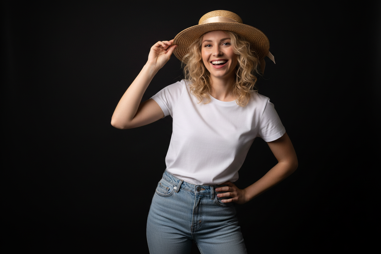 happy blonde woman wearing a hat and posing in some way with a black solid white tshirt